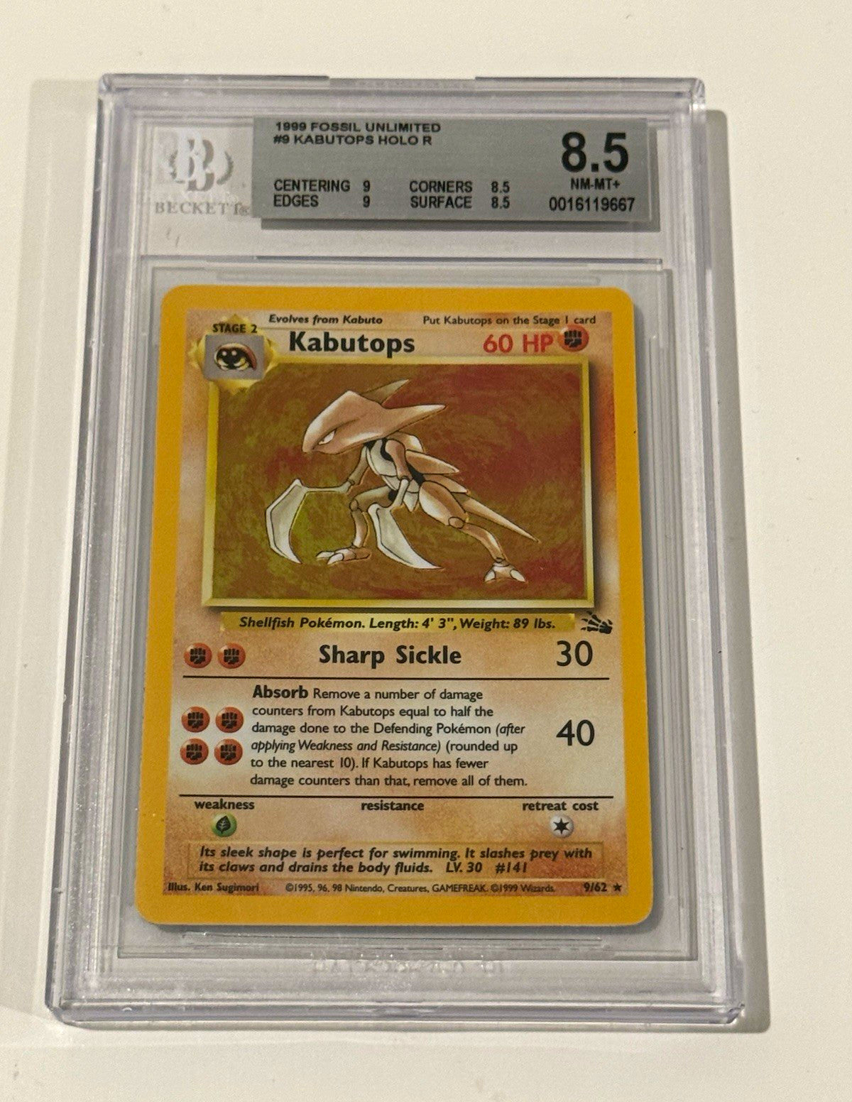 Kabutops 9/62 Fossil Unlimited Holo Rare EN 1999 BGS 8.5